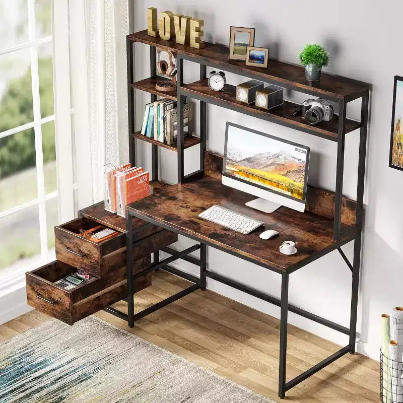 Bureau d'ordinateur Lantine de 55 pouces avec 2 tiroirs et des étagères de rangement