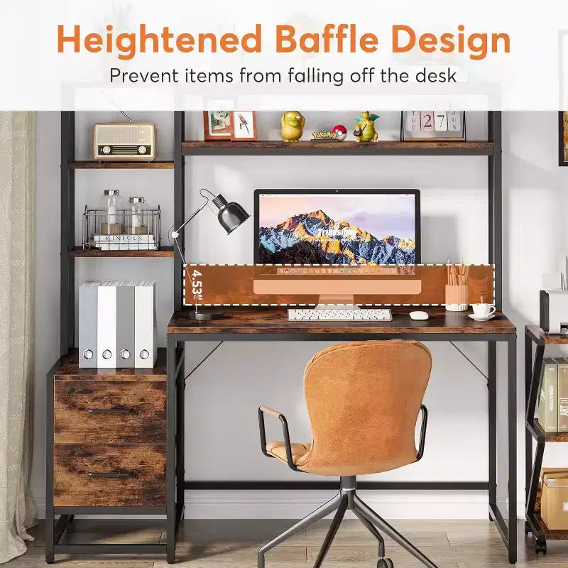 Bureau d'ordinateur Lantine de 55 pouces avec 2 tiroirs et des étagères de rangement