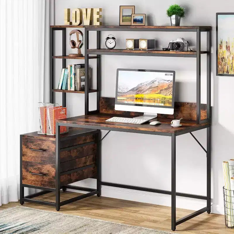 Bureau d'ordinateur Lantine de 55 pouces avec 2 tiroirs et des étagères de rangement