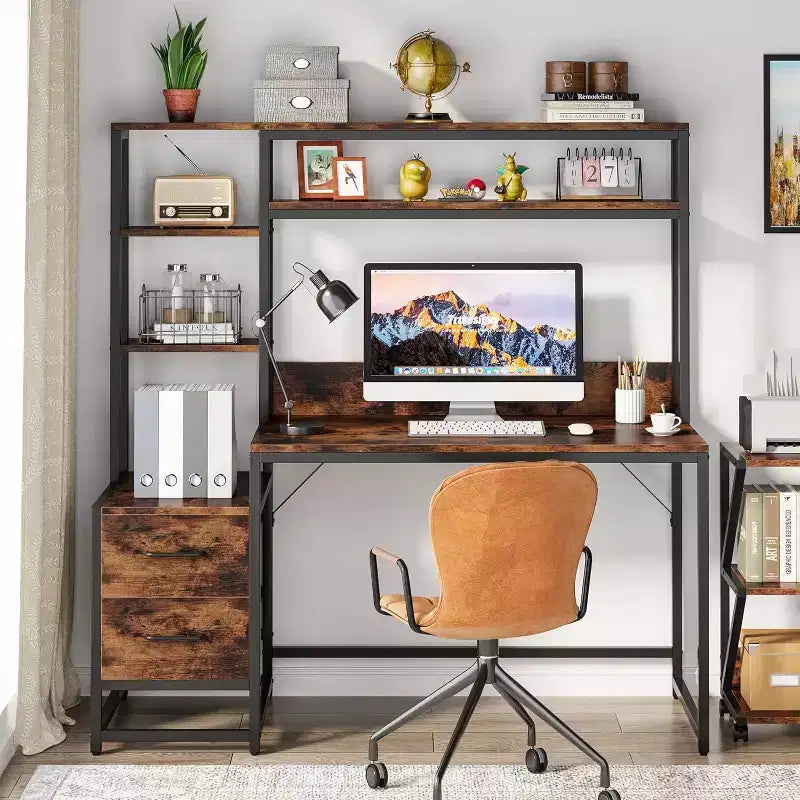 Bureau d'ordinateur Lantine de 55 pouces avec 2 tiroirs et des étagères de rangement