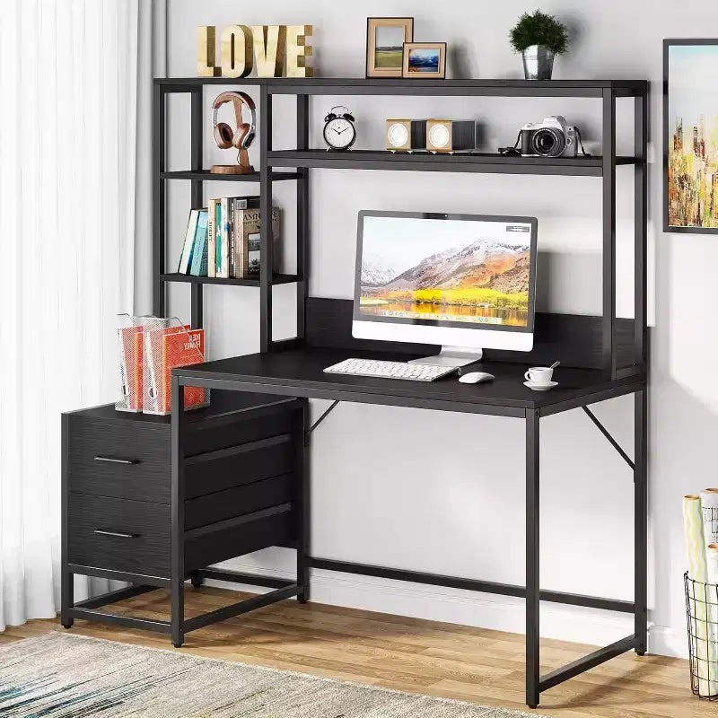 Bureau d'ordinateur Lantine de 55 pouces avec 2 tiroirs et des étagères de rangement