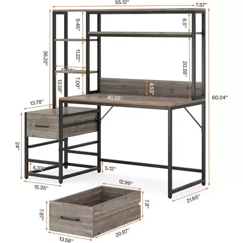 Bureau d'ordinateur Lantine de 55 pouces avec 2 tiroirs et des étagères de rangement