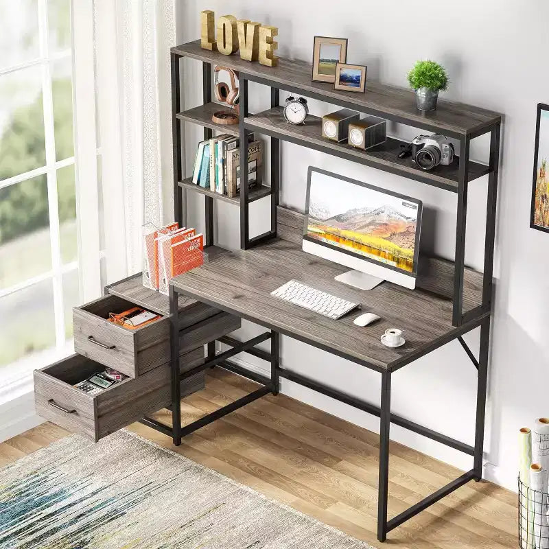 Bureau d'ordinateur Lantine de 55 pouces avec 2 tiroirs et des étagères de rangement