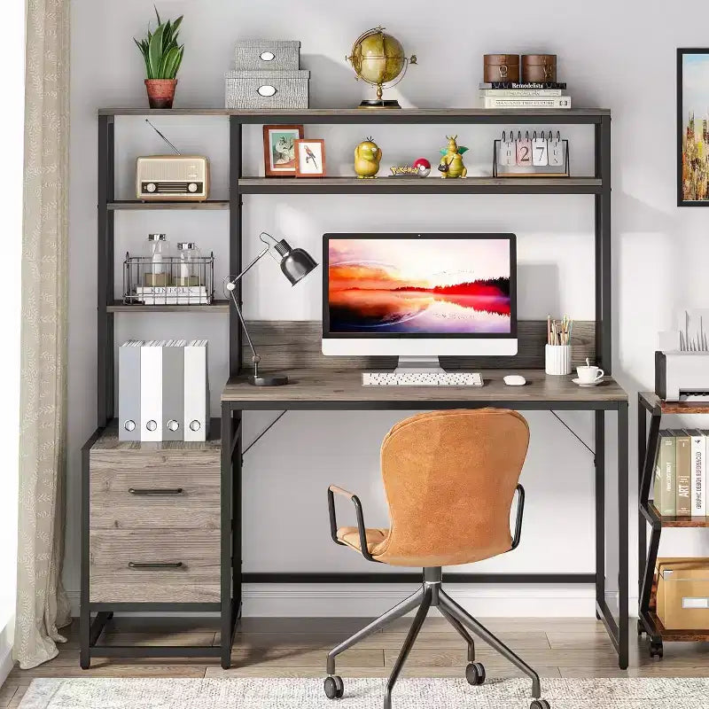 Bureau d'ordinateur Lantine de 55 pouces avec 2 tiroirs et des étagères de rangement