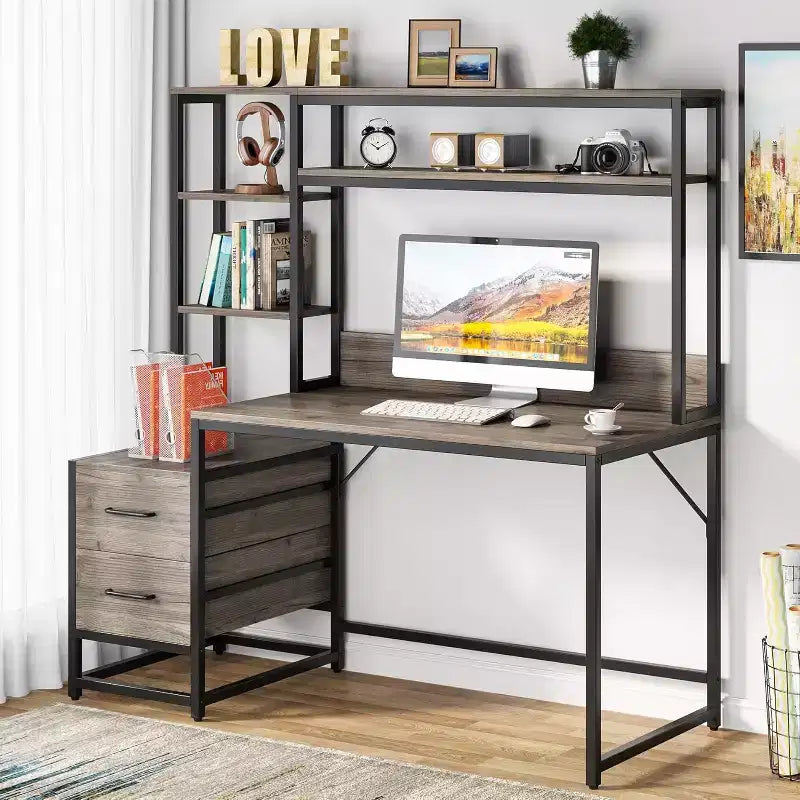 Bureau d'ordinateur Lantine de 55 pouces avec 2 tiroirs et des étagères de rangement