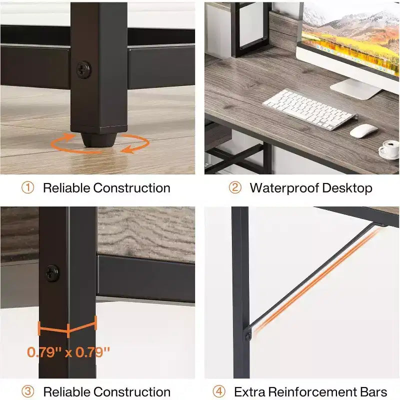 Bureau d'ordinateur Lantine de 55 pouces avec 2 tiroirs et des étagères de rangement