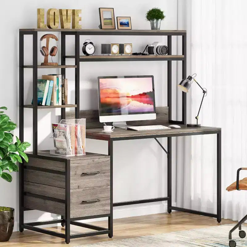 Bureau d'ordinateur Lantine de 55 pouces avec 2 tiroirs et des étagères de rangement