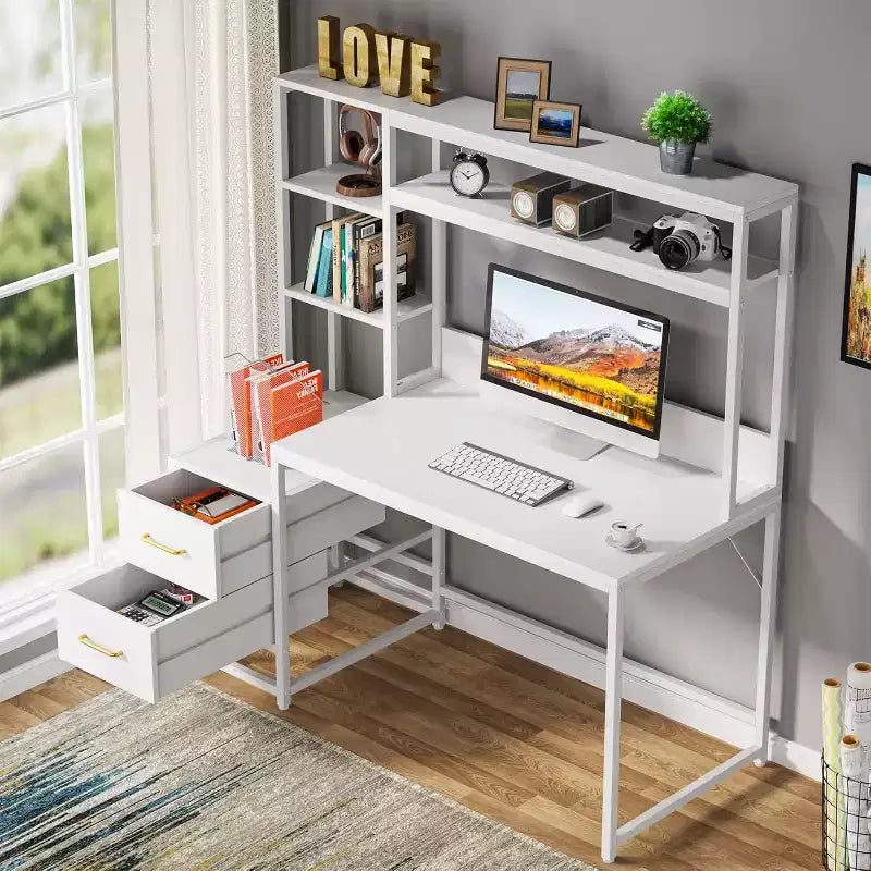 Bureau d'ordinateur Lantine de 55 pouces avec 2 tiroirs et des étagères de rangement