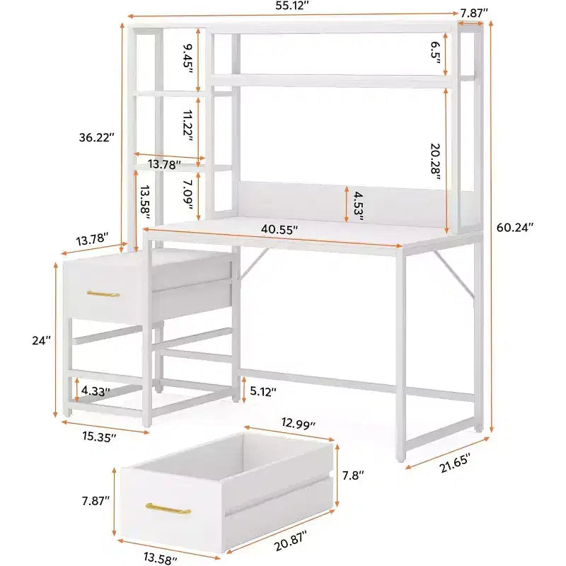 Bureau d'ordinateur Lantine de 55 pouces avec 2 tiroirs et des étagères de rangement