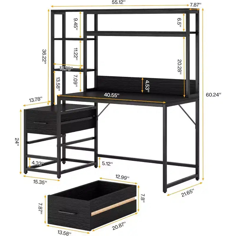 Bureau d'ordinateur Lantine de 55 pouces avec 2 tiroirs et des étagères de rangement