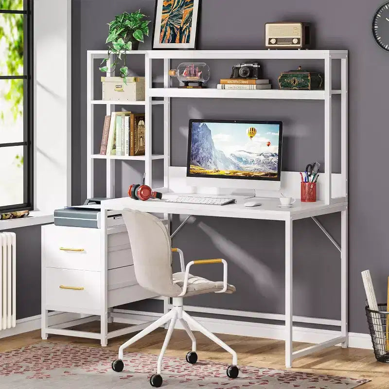 Bureau d'ordinateur Lantine de 55 pouces avec 2 tiroirs et des étagères de rangement
