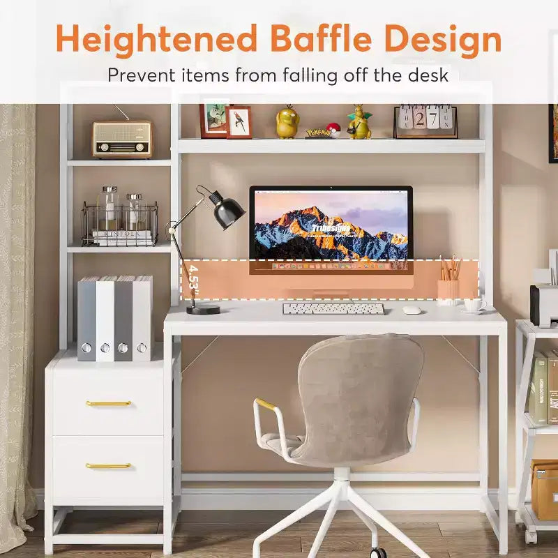 Bureau d'ordinateur Lantine de 55 pouces avec 2 tiroirs et des étagères de rangement