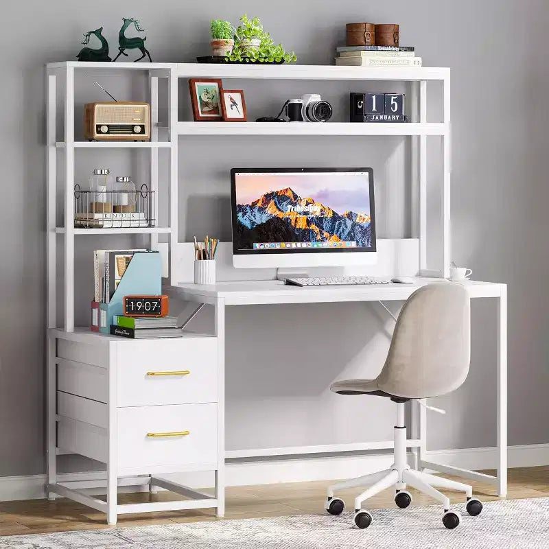 Bureau d'ordinateur Lantine de 55 pouces avec 2 tiroirs et des étagères de rangement