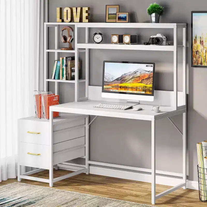 Bureau d'ordinateur Lantine de 55 pouces avec 2 tiroirs et des étagères de rangement