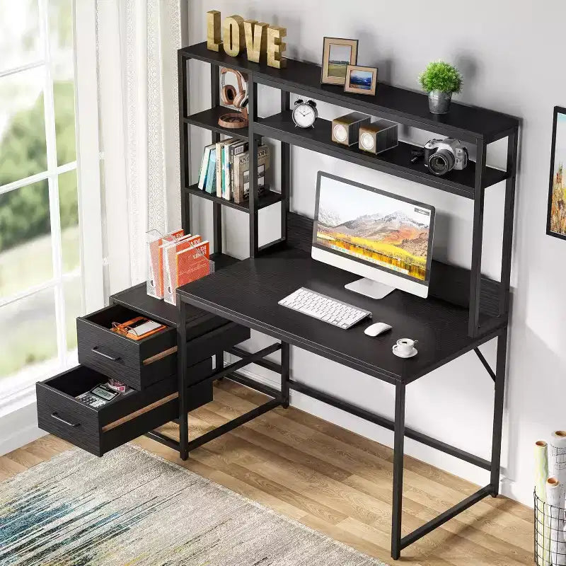 Bureau d'ordinateur Lantine de 55 pouces avec 2 tiroirs et des étagères de rangement