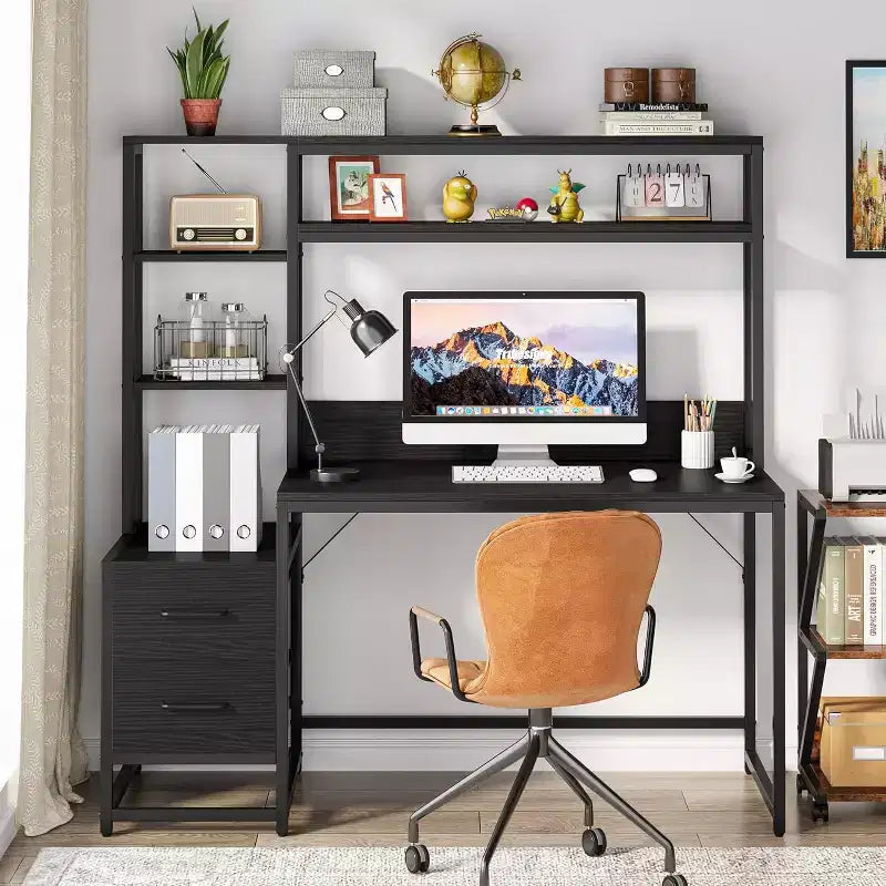 Bureau d'ordinateur Lantine de 55 pouces avec 2 tiroirs et des étagères de rangement
