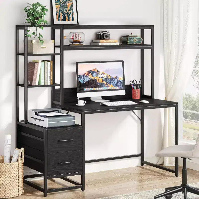Bureau d'ordinateur Lantine de 55 pouces avec 2 tiroirs et des étagères de rangement