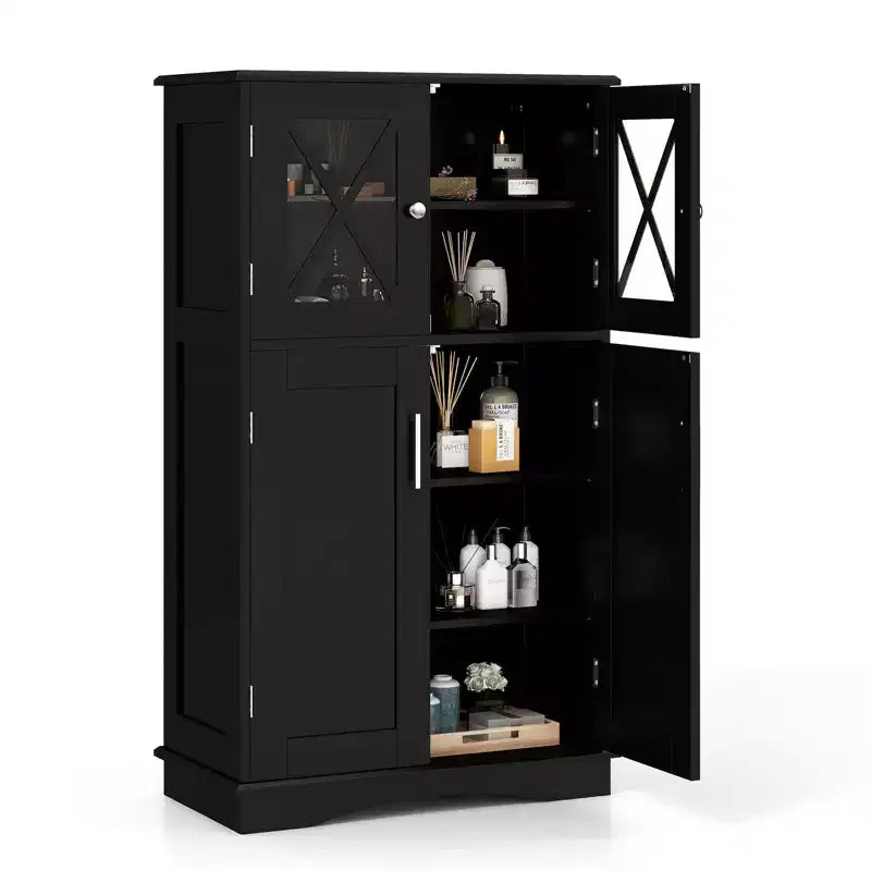 Costway Bathroom Storage Cabinet Linen Storage Cabinet with Doors and Adjustable Shelves Black/Grey/Brown/White