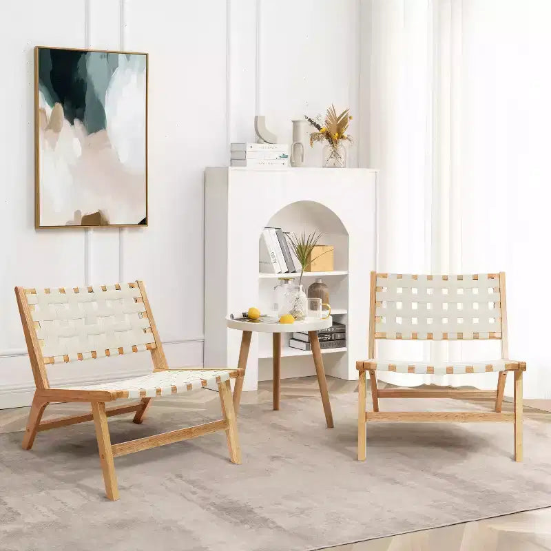 LuxenHome Fauteuil d'appoint bas sans accoudoirs en bois d'hévéa naturel avec cuir PU blanc, lot de 2