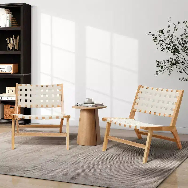 LuxenHome Fauteuil d'appoint bas sans accoudoirs en bois d'hévéa naturel avec cuir PU blanc, lot de 2