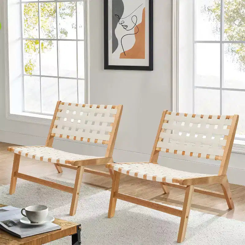 LuxenHome Fauteuil d'appoint bas sans accoudoirs en bois d'hévéa naturel avec cuir PU blanc, lot de 2