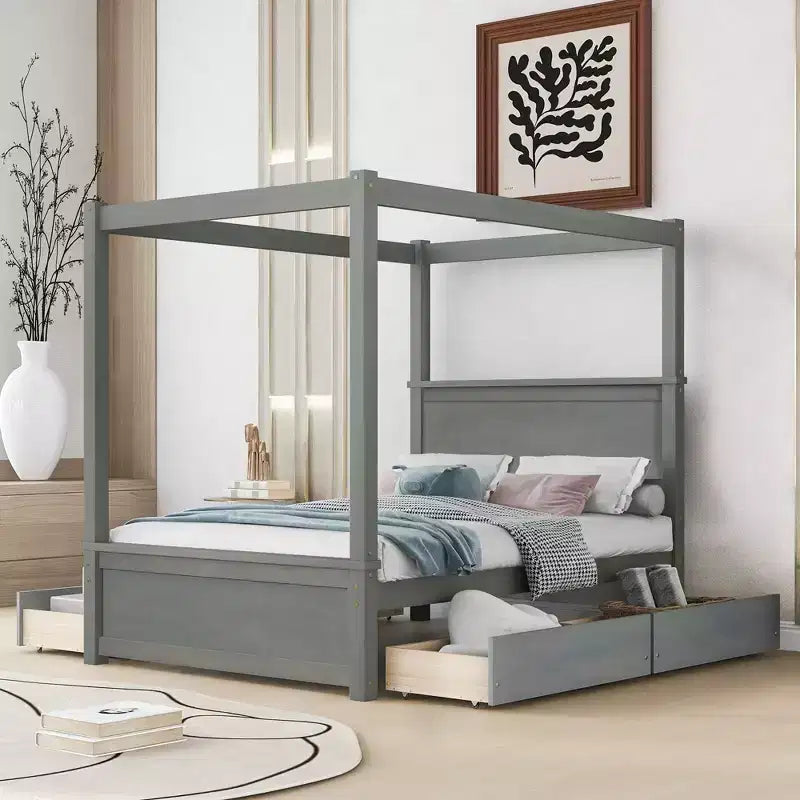 Full Size Wood Canopy Platform Bed with Trundle Bed/Two Drawers/Four Drawers/Trundle Bed and Two Drawers, 4L -ModernLuxe