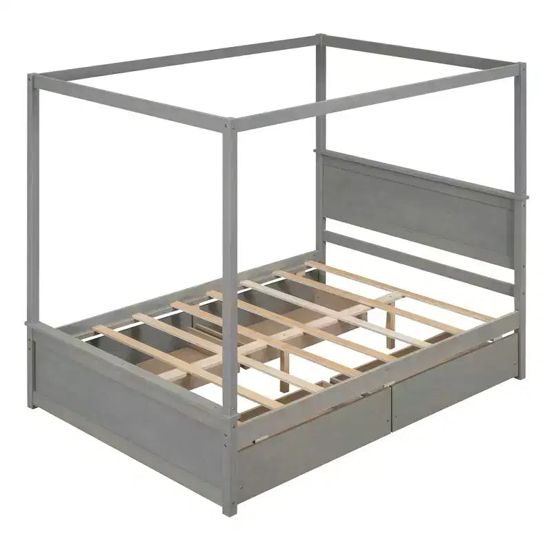 Lit plateforme à baldaquin en bois pleine grandeur avec lit gigogne/deux tiroirs/quatre tiroirs/lit gigogne et deux tiroirs, 4L -ModernLuxe