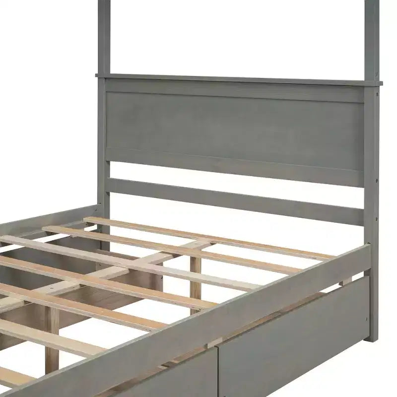 Lit plateforme à baldaquin en bois pleine grandeur avec lit gigogne/deux tiroirs/quatre tiroirs/lit gigogne et deux tiroirs, 4L -ModernLuxe
