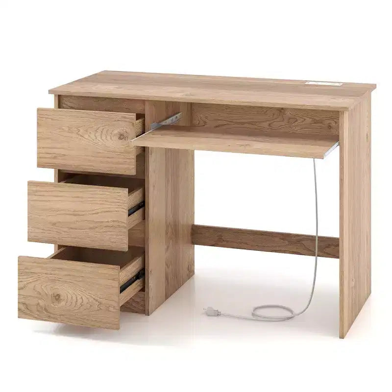 Bureau d'ordinateur Costway avec prise de courant, tiroir pour clavier et 3 grands tiroirs, ports USB et Type-C, Blanc/Naturel