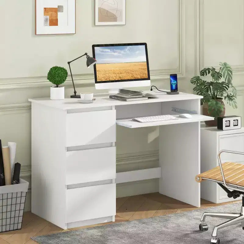 Bureau d'ordinateur Costway avec prise de courant, tiroir pour clavier et 3 grands tiroirs, ports USB et Type-C, Blanc/Naturel