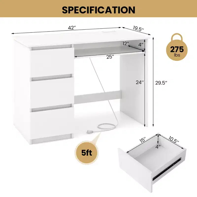 Bureau d'ordinateur Costway avec prise de courant, tiroir pour clavier et 3 grands tiroirs, ports USB et Type-C, Blanc/Naturel