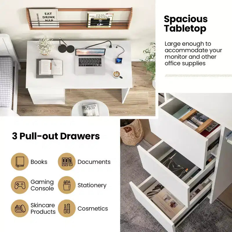 Bureau d'ordinateur Costway avec prise de courant, tiroir pour clavier et 3 grands tiroirs, ports USB et Type-C, Blanc/Naturel