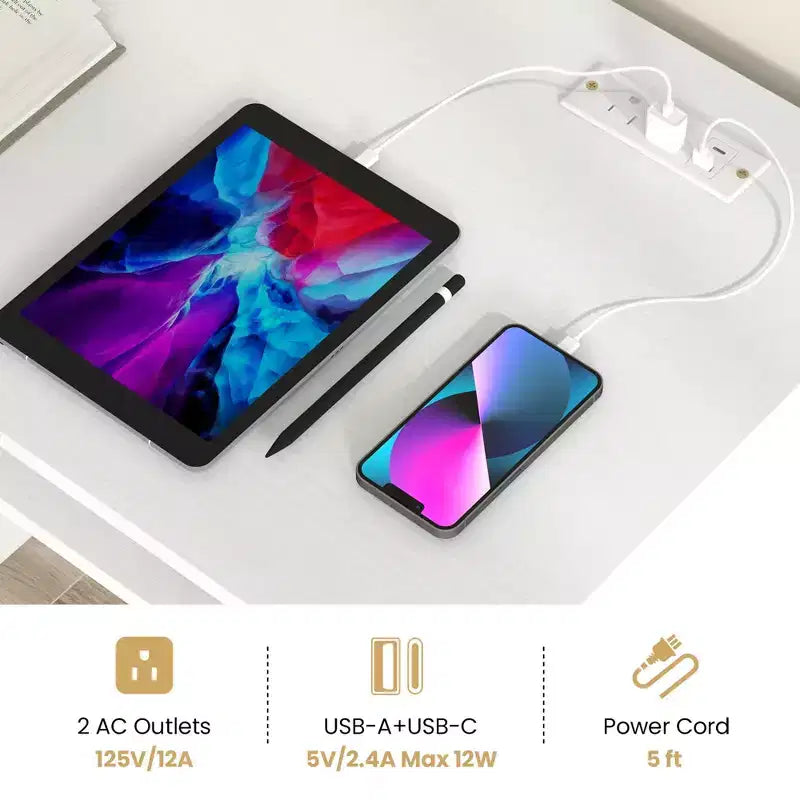 Bureau d'ordinateur Costway avec prise de courant, tiroir pour clavier et 3 grands tiroirs, ports USB et Type-C, Blanc/Naturel