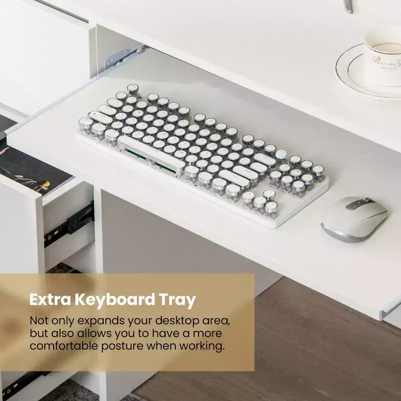 Bureau d'ordinateur Costway avec prise de courant, tiroir pour clavier et 3 grands tiroirs, ports USB et Type-C, Blanc/Naturel