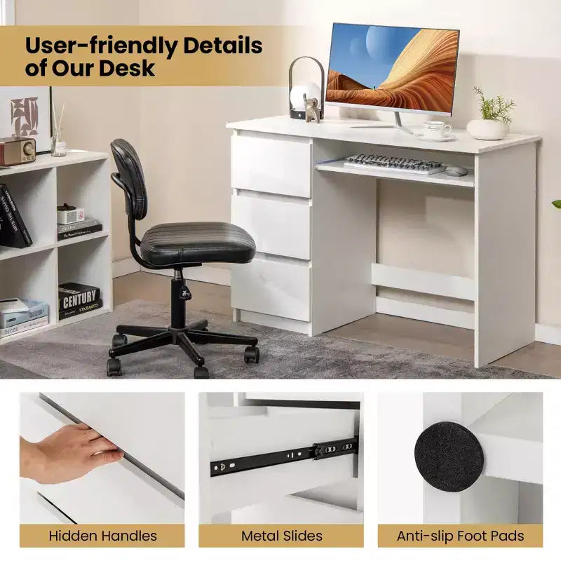 Bureau d'ordinateur Costway avec prise de courant, tiroir pour clavier et 3 grands tiroirs, ports USB et Type-C, Blanc/Naturel