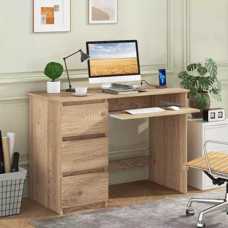 Bureau d'ordinateur Costway avec prise de courant, tiroir pour clavier et 3 grands tiroirs, ports USB et Type-C, Blanc/Naturel