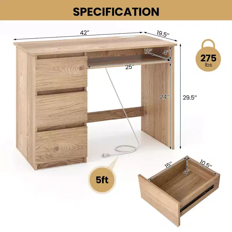 Bureau d'ordinateur Costway avec prise de courant, tiroir pour clavier et 3 grands tiroirs, ports USB et Type-C, Blanc/Naturel