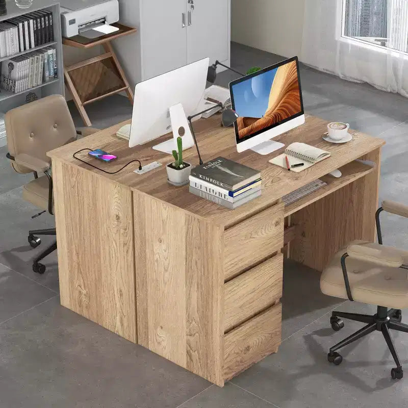 Bureau d'ordinateur Costway avec prise de courant, tiroir pour clavier et 3 grands tiroirs, ports USB et Type-C, Blanc/Naturel