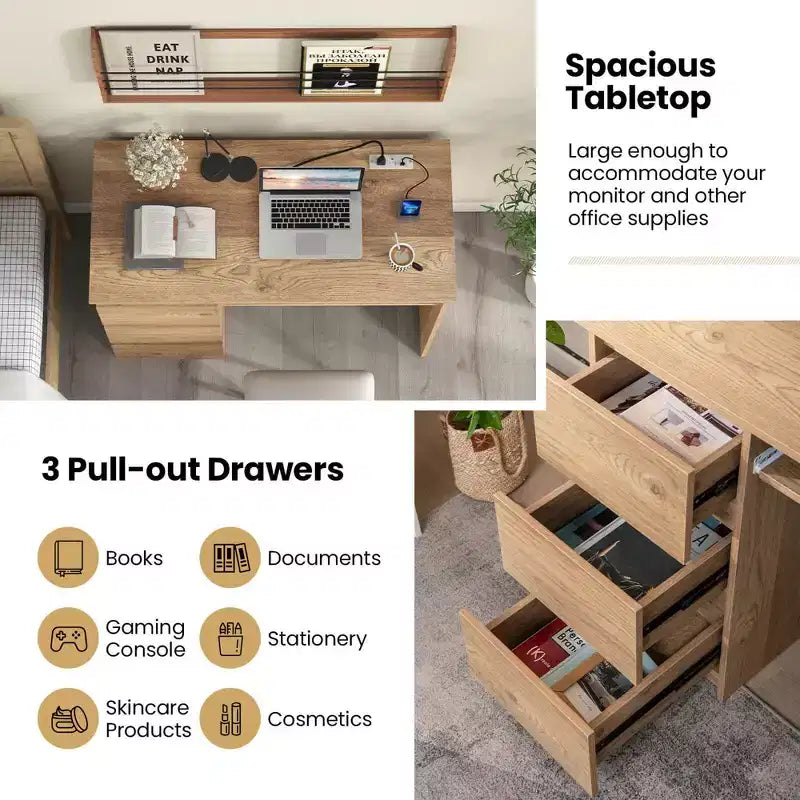 Bureau d'ordinateur Costway avec prise de courant, tiroir pour clavier et 3 grands tiroirs, ports USB et Type-C, Blanc/Naturel