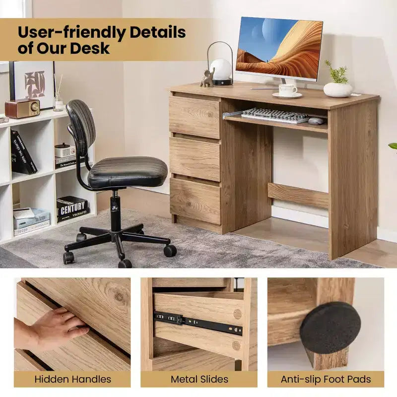 Bureau d'ordinateur Costway avec prise de courant, tiroir pour clavier et 3 grands tiroirs, ports USB et Type-C, Blanc/Naturel
