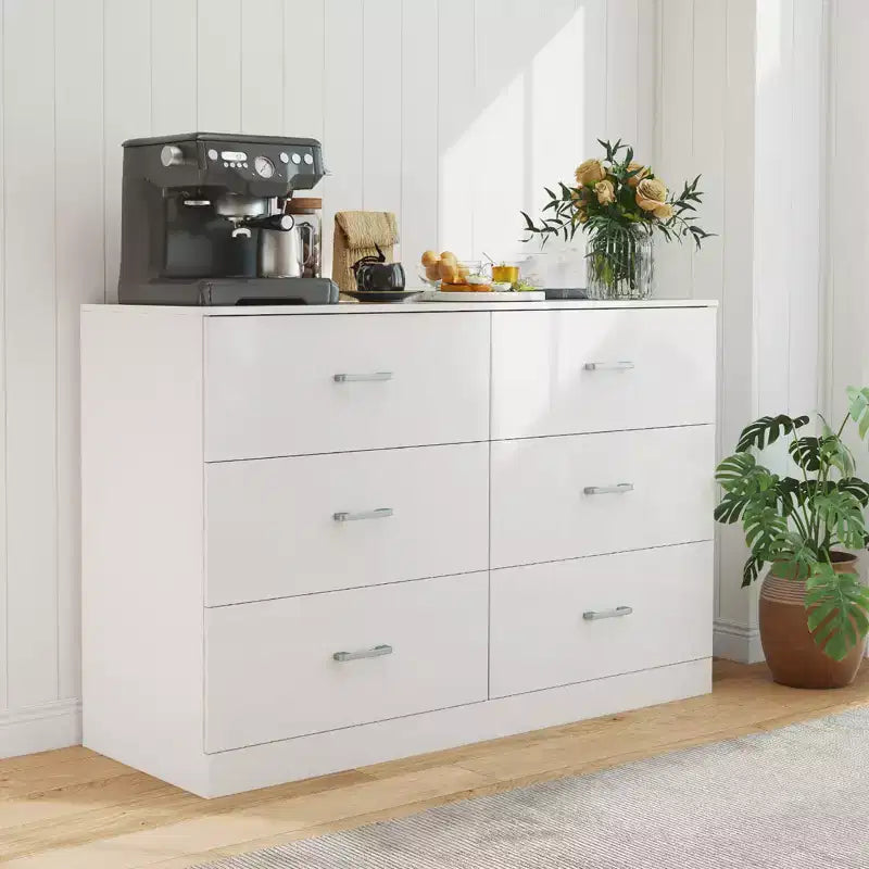 Commode 6 tiroirs en bois blanc, horizontale et large, meuble de rangement pour chambre à coucher