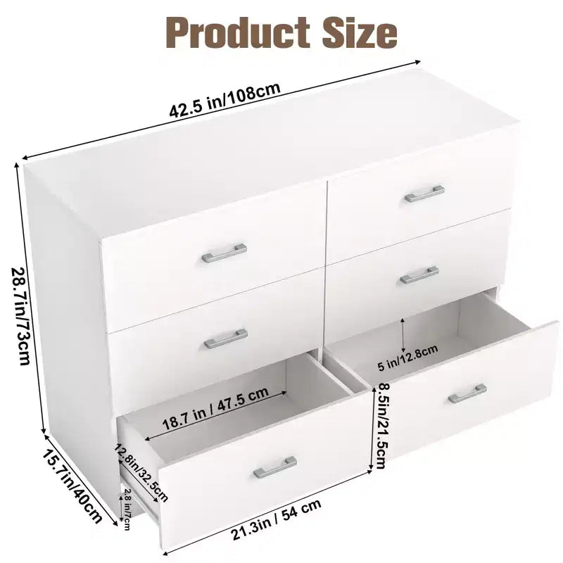 Commode 6 tiroirs en bois blanc, horizontale et large, meuble de rangement pour chambre à coucher