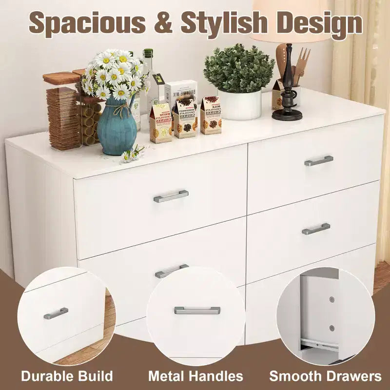 Commode 6 tiroirs en bois blanc, horizontale et large, meuble de rangement pour chambre à coucher