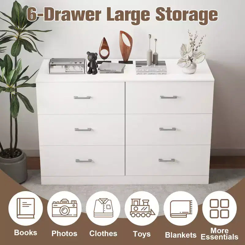 Commode 6 tiroirs en bois blanc, horizontale et large, meuble de rangement pour chambre à coucher