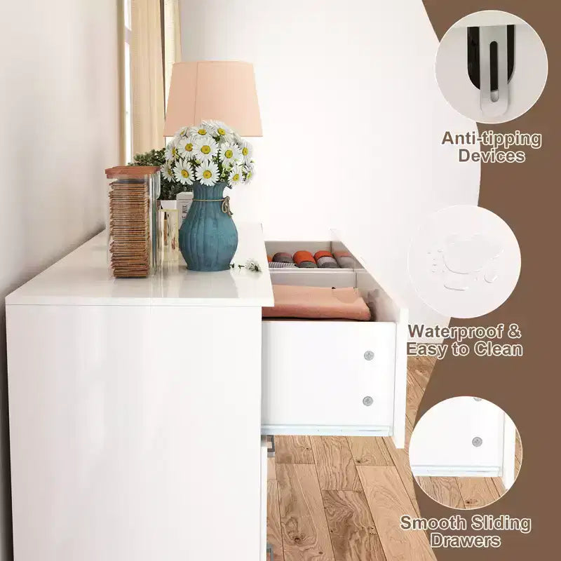 Commode 6 tiroirs en bois blanc, horizontale et large, meuble de rangement pour chambre à coucher