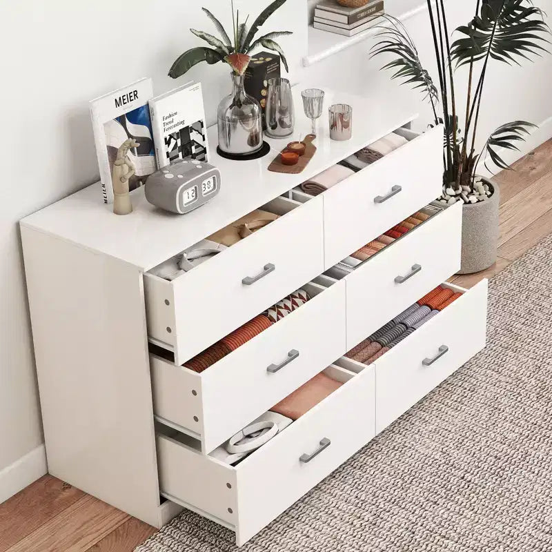 Commode 6 tiroirs en bois blanc, horizontale et large, meuble de rangement pour chambre à coucher