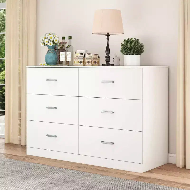 Commode 6 tiroirs en bois blanc, horizontale et large, meuble de rangement pour chambre à coucher