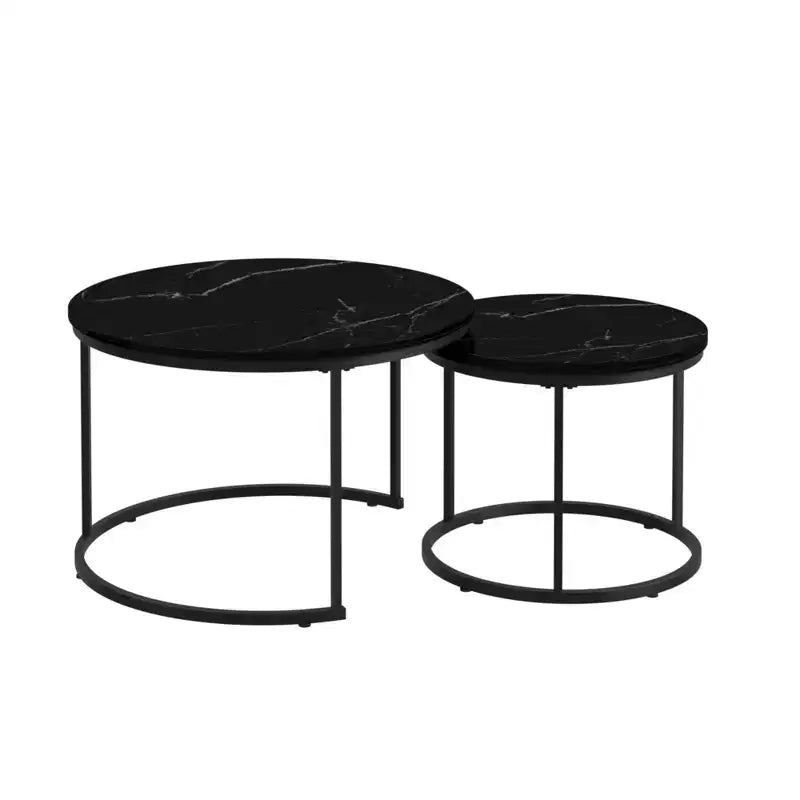 HOMLUX Lot de 2 tables basses gigognes rondes, tables d'appoint en marbre, noir/blanc/marron