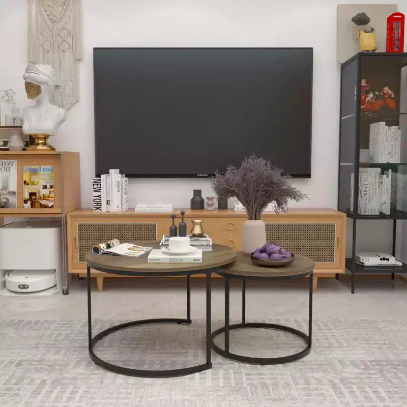 HOMLUX Lot de 2 tables basses gigognes rondes, tables d'appoint en marbre, noir/blanc/marron