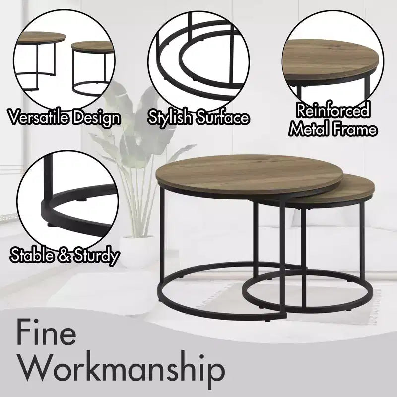 HOMLUX Lot de 2 tables basses gigognes rondes, tables d'appoint en marbre, noir/blanc/marron